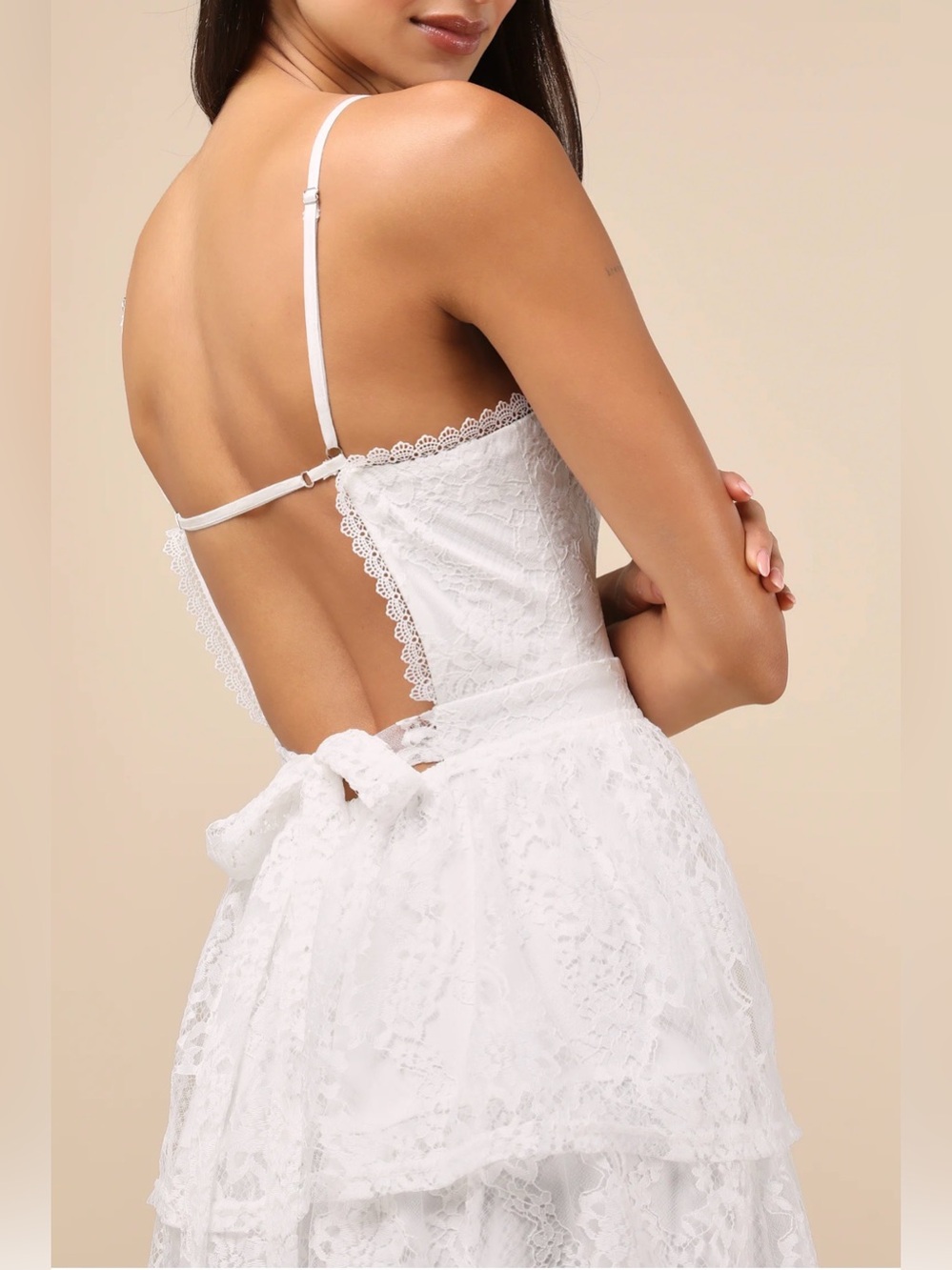 NWT Lulus White Lace Tiered Midi Dress with Open Back Medium - Picture 3 of 11